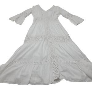 NAOO white crochet lace flare sleeve maxi midi boho dress tiered gypsy hippie